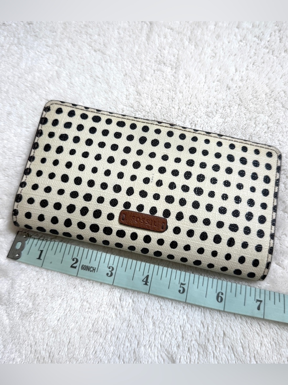 Fossil Cream Polka Dot Caroline RFID Slim Bifold Wallet Snap Closure